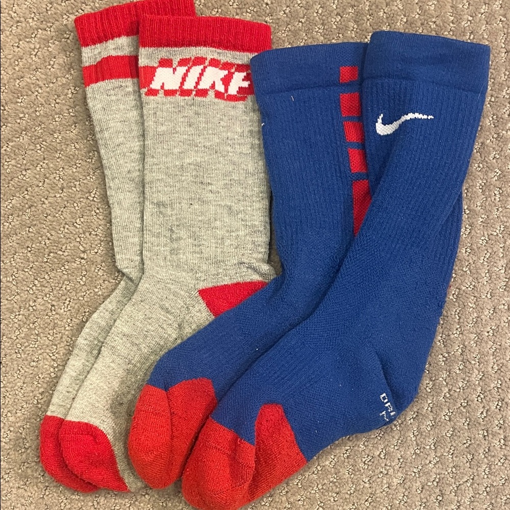 Nike Youth Athletic Socks in Gray and Blue with Red Accents